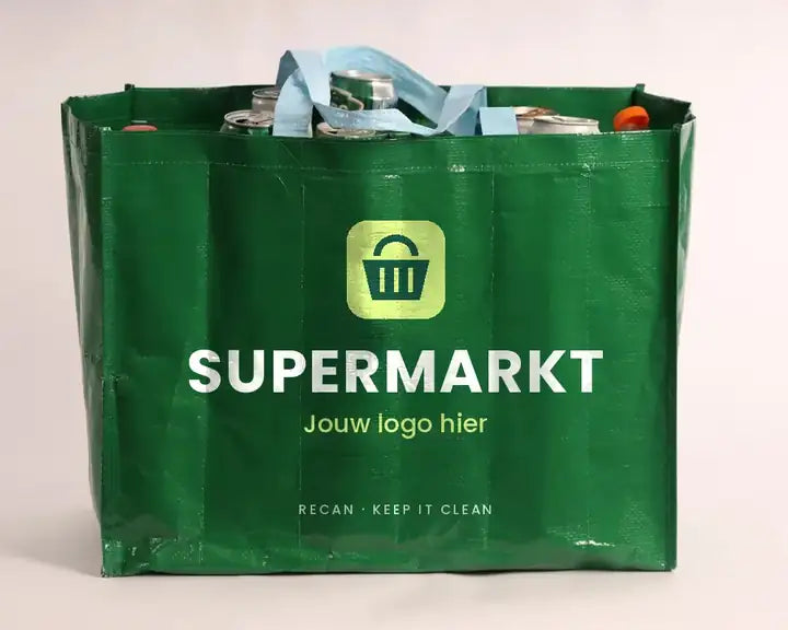Impressie: Recan-statiegeldtas bedrukt met een supermarktlogo